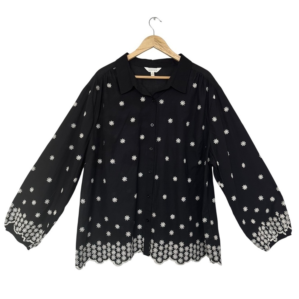 Adiva button up Cotton black Top blouse Womens Size 3X embroidered peasant boho